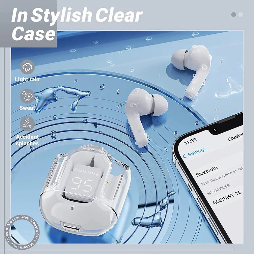 Bluetooth 5.3 Wireless Earbuds with LED Digital Display, Hi-Fi Stereo Sound, Transparent Charging Case, Sports & Work Earphones