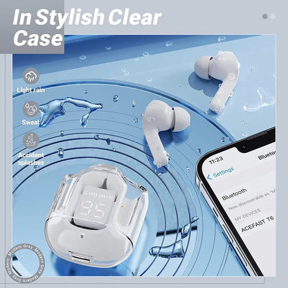 Bluetooth 5.3 Wireless Earbuds with LED Digital Display, Hi-Fi Stereo Sound, Transparent Charging Case, Sports & Work Earphones